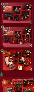 Detailed macro view of red Christmas gift boxes with transparent windows and ribbons