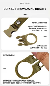 Macro view of tactical water bottle clip with removable buckle and ring.