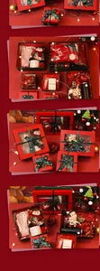 Assorted festive Christmas gift boxes in red and green with Merry Christmas ribbons