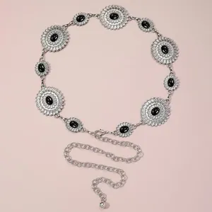 Vintage silver floral metal waist chain belt with black stones for bohemian dresses