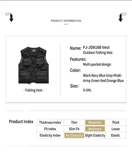Detailed specs and features of the outdoor multi-pocket fishing vest, S-6XL.