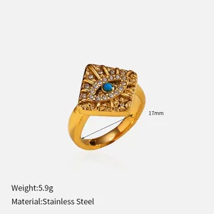 Detail view of retro gold-plated stainless steel evil eye ring with dimensions