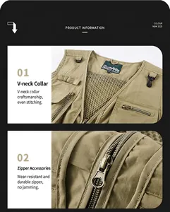 Detailed close-up of tactical multi-pocket vest showing V-neck and metal zipper quality.