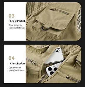 Close-up of functional pockets on khaki outdoor vest for fishing and photography