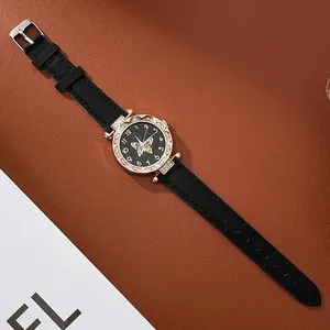 Elegant women's quartz watch featuring a black butterfly dial and rhinestone bezel.