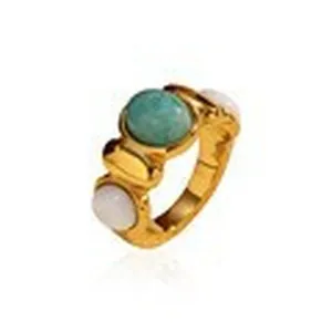Retro gold-plated stainless steel open ring with oval turquoise and opal stones.