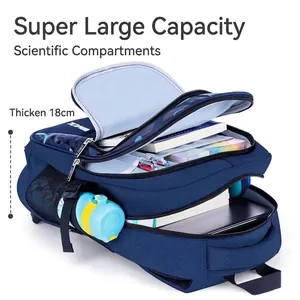 Large capacity blue school backpack for boys with multiple storage compartments 18cm