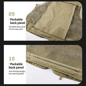 Detail showing the stowable back panel and mesh design of the khaki utility vest