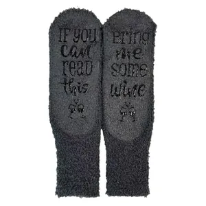 Cozy dark grey fuzzy coral fleece floor socks with funny wine non-slip grip text