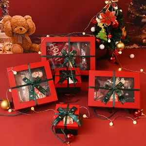 Merry Christmas Gift Box With Window And Ribbon Bowknot Cardboard Festive Packaging For Candy Perfume Apple Presentation Box