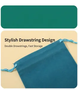 Detail view of teal velvet drawstring pouch showing the dual cord closure mechanism