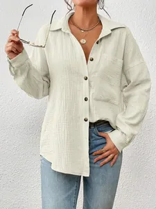 Elegant beige textured cotton gauze long sleeve button-down shirt with drop shoulder