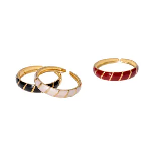 Vintage gold-plated stainless steel open rings with colorful enamel stripes, adjustable set
