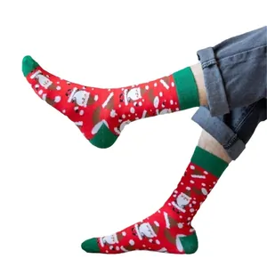 Festive Christmas mid-calf cotton socks with red Santa Claus pattern for unisex.