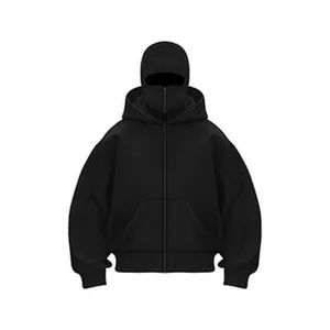 Detail view of a black men's zip-up hooded jacket with integrated face mask balaclava