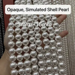 High luster opaque white imitation shell pearls in strands, sizes from 3mm up to 16mm