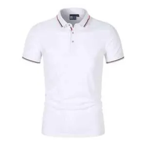 Detailed view of a white men's polo shirt featuring a classic red and blue striped collar