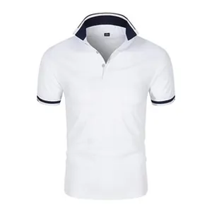 Detail of white men's short-sleeve Polo shirt with navy blue striped collar accents.