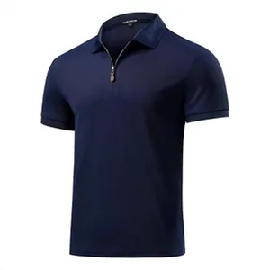 Detailed view of navy blue short-sleeved polo shirt with quarter-zip collar for men