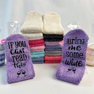 Cozy thick coral fleece floor socks featuring non-slip wine lettering and glass icons