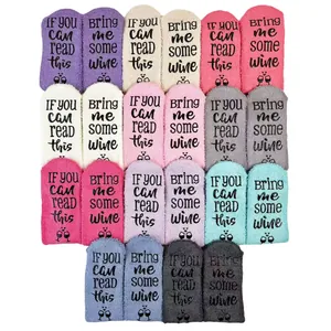 Thick coral fleece floor socks with 'Bring me some wine' non-slip soles, multiple colors