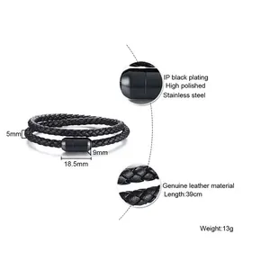 Vue détaillée du bracelet en cuir tressé noir avec fermoir en acier inoxydable.