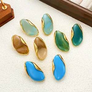 Elegant gold-plated stud earrings collection featuring irregular colorful resin designs