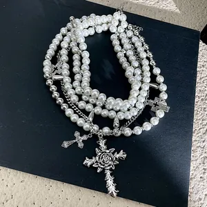 Multilayer pearl bead necklace with vintage silver rose cross pendants in gothic style