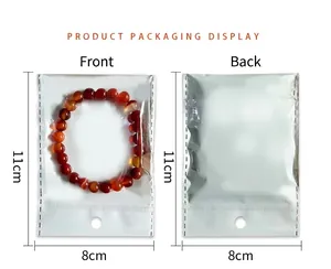 Macro view of red carnelian beaded bracelet inside clear plastic packaging bag 8x11cm
