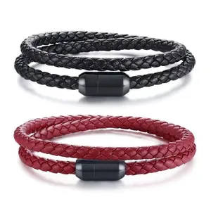 Bracelets pour hommes en cuir tressé double épaisseur noir et rouge avec fermoir magnétique.