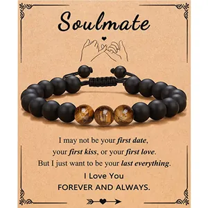 Men Tiger Eye Bracelet Handmade Adjustable Matte Black Bead Braided Bracelet With Gift Greeting Card Christmas Birthday Jewelry