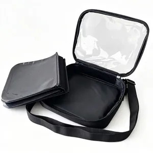 Black crossbody storage bag for pins and medals with a transparent display window