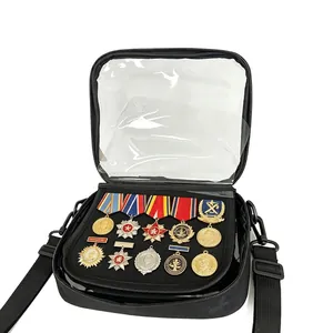 Portable black medal storage display bag with transparent window and adjustable strap