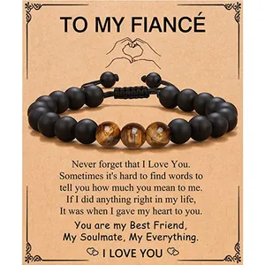 Handmade tiger eye and matte black bead bracelet for fiancé with sentimental message card