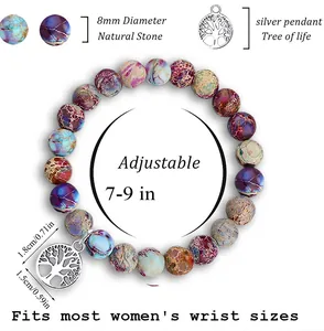 Detail of 8mm natural stone bracelet with silver tree of life pendant and measurements