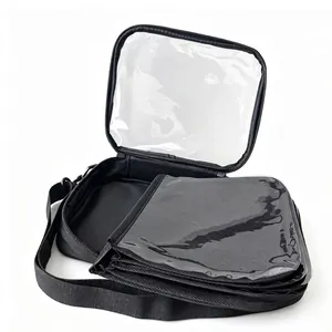 Detailed interior view of transparent badge display bag with multiple display layers