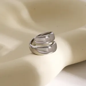 Elegant minimalist silver mirror finish titanium steel open ring with modern wrap design