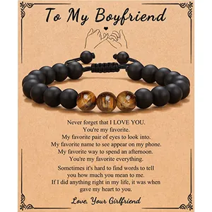 Handmade tiger eye and black matte bead bracelet for boyfriend on gift message card