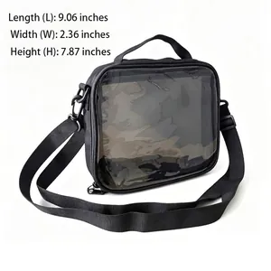 Black crossbody bag with clear window for pin and badge display, 9.06x2.36x7.87 inches