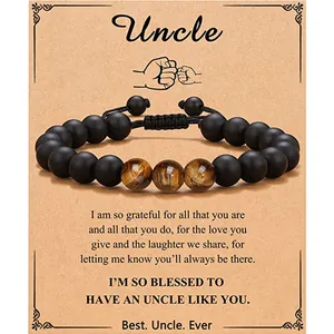 Tiger eye bead bracelet for men with matte black beads and inspirational uncle gift card.