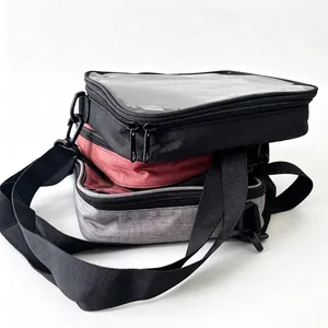 Detailed view of badge display bags with transparent windows in multiple colors