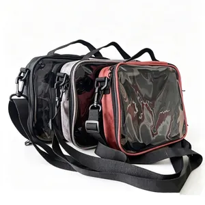 Detail view showing three colors of badge display bags with clear transparent PVC windows
