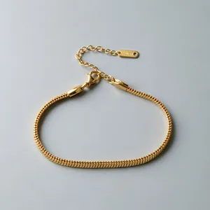 Detail view of a gold-plated stainless steel flat snake chain bracelet with clasp.