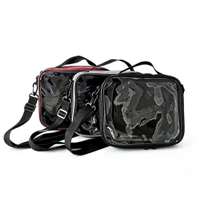 Close-up of transparent badge display bags in black, silver, and burgundy colors