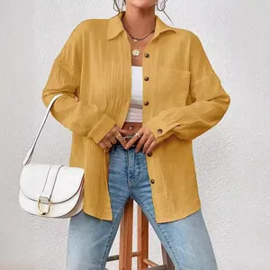 Women's oversized mustard yellow crinkle fabric blouse with casual drop shoulders