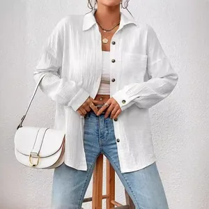 Casual white long-sleeve button-down shirt for women with textured crinkle fabric design