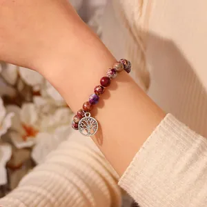 Elegant 8mm natural imperial jasper stone beaded bracelet with Tree of Life charm for women
