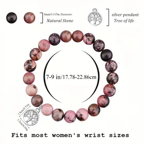 Handmade 8mm natural stone bead bracelet featuring a silver tree of life charm for women.