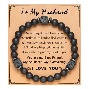 Black matte beaded bracelet for husband with lava stone and sentimental message card