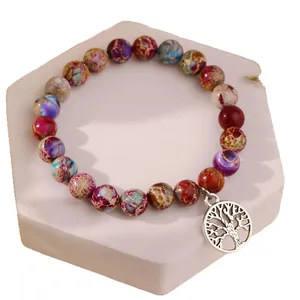 Bohemian 8mm Natural Stone Beaded Bracelet with Silver Tree of Life Charm for Women